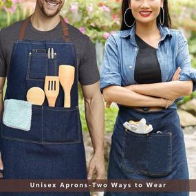 img 2 attached to 👨 SPRING SEAON Adjustable Denim Apron: Unisex Long Bib Apron for Chef BBQ Kitchen - Durable Cotton with Multi Pockets