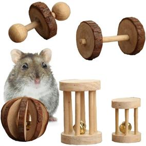 img 4 attached to 🐹 Set of 5 Hamster Chew Toys - Organic Wooden Pine Dumbells, Exercise Bell Roller, Teeth Care Molar Toy for Rabbits, Rats, Guinea Pigs, and Other Small Pets - Interactive Play Toy