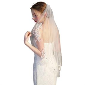 img 4 attached to 🏻 Stunning Frcolor Bridal Veil: Short Off-White Wedding Vail with Lace Appliques and Elegant Crystal Beading