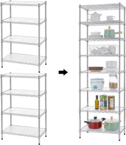 img 2 attached to 🗄️ Finnhomy 8-Tier Adjustable Steel Wire Rack Shelving Unit - Chrome, NSF Certified, Steel Storage Rack with PE Mat, Leveling Feet, Safety Device - Can be Used as Two 4-Tier Shelving Units