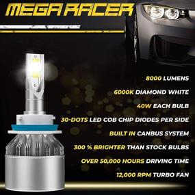 img 3 attached to 💡 Mega Racer H11/H8/H9/H16 LED Headlight Bulbs - Powerful 6000K Diamond White Lights for High Beam, Low Beam, or Fog Light | 40W 8000 Lumens, COB IP68 Waterproof | Pack of 2