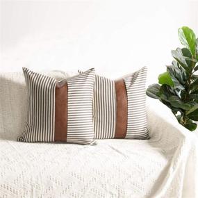 img 4 attached to 🏡 Farmhouse Decoration Pillow Covers: Modern Faux Leather & Ticking Stripe, Set of 2, 18x18 inch, Boho Indoor Outdoor Decor Cushion Covers for Couch Sofa - Gray