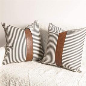 img 3 attached to 🏡 Farmhouse Decoration Pillow Covers: Modern Faux Leather & Ticking Stripe, Set of 2, 18x18 inch, Boho Indoor Outdoor Decor Cushion Covers for Couch Sofa - Gray