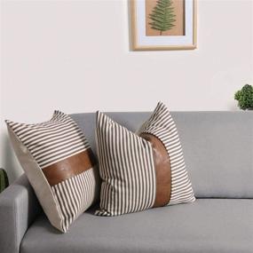 img 2 attached to 🏡 Farmhouse Decoration Pillow Covers: Modern Faux Leather & Ticking Stripe, Set of 2, 18x18 inch, Boho Indoor Outdoor Decor Cushion Covers for Couch Sofa - Gray