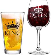 👑 usa made king and queen beer and wine glass gift set of 2 - fun novelty his and hers or husband wife drinkware for couple, newlywed, anniversary, wedding present or favorite couples gift logo