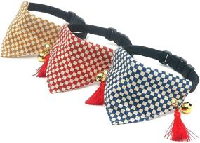 img 2 attached to 🐱 Stylish Plaid Pattern Cat Collar with Bell: PetSoKoo Japan Tassel Bandana | Cute Girl Breakaway Collar in 100% Soft & Durable Cotton