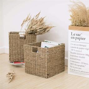 img 3 attached to 📦 Natural Seagrass Storage Baskets with Linings - 2-Pack, 11.8 x 11.8 x 11.8 inches, Rectangular Wicker Baskets for Shelves, from StorageWorks