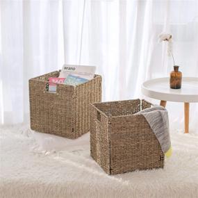img 1 attached to 📦 Natural Seagrass Storage Baskets with Linings - 2-Pack, 11.8 x 11.8 x 11.8 inches, Rectangular Wicker Baskets for Shelves, from StorageWorks