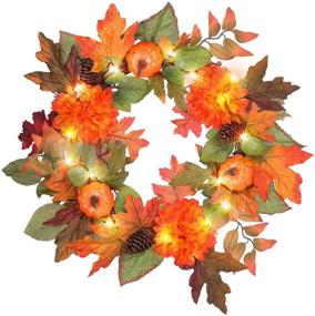 img 4 attached to 🍂 BOMMETER 20 inch Pre-Lit Fall Door Wreath: Enhance your Home with LED Lighted Thanksgiving & Autumn Décor for Front Door, Porch & Halloween