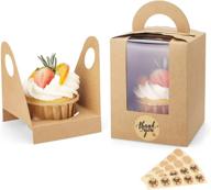 🧁 eupako single cupcake carriers - 50 pcs with window insert and handle: brown kraft boxes for bakery, pastry, muffins + 100 stickers логотип