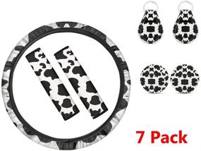 img 4 attached to 🐄 INSTANTARTS Cow Lover 7 Piece Set: Seat Belt Pads, Cup Mats, Keychain & Steering Wheel Cover - Black and White