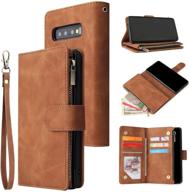 👜 vintage pu leather wallet case for samsung galaxy s8 with magnetic closure, handbag zipper pocket, card holder slots, kickstand, wrist strap, tpu shockproof flip cover - brown logo