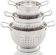 🥙 ovente stainless steel deep colander set - 3 piece kitchen strainer with handle & large stable base for flour sifter, pasta, vegetables - dishwasher safe 1.5, 3, and 5 quart bowl drainer, silver c46263s logo