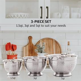 img 3 attached to 🥙 Ovente Stainless Steel Deep Colander Set - 3 Piece Kitchen Strainer with Handle & Large Stable Base for Flour Sifter, Pasta, Vegetables - Dishwasher Safe 1.5, 3, and 5 Quart Bowl Drainer, Silver C46263S