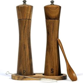 img 4 attached to 🧂 Finnhomy Salt and Pepper Grinder Set with Acacia Wood Adjustable Coarseness Pepper Mill, Wooden Stand, Cleaning Brush & Spoon, Refillable Pepper Grinder, 2-Pack Salt and Pepper Shakers, 8.5 Inches