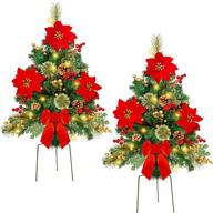 🎄 glintoper set of 2 30-inch pathway christmas trees - lighted artificial christmas urn filler with pre-lit lights, poinsettia flowers ornaments outdoor decor for yard garden porch driveway - waterproof logo