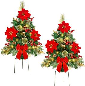 img 4 attached to 🎄 Glintoper Set of 2 30-Inch Pathway Christmas Trees - Lighted Artificial Christmas Urn Filler with Pre-lit Lights, Poinsettia Flowers Ornaments Outdoor Decor for Yard Garden Porch Driveway - Waterproof