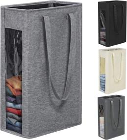 img 4 attached to 🧺 Upgrade-Grey Chrislley Visual Window Laundry Hamper, 25in Slim Basket with Handle - Foldable 66L Durable Thin Laundry Organizer for Corner Narrow Spaces