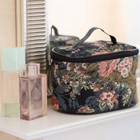 img 1 attached to Signare Peony Flower Toiletry Bag - Black Background Design (TOIL-PEO): Stylish Makeup Organizer for Women