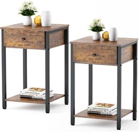 img 4 attached to Industrial Nightstand Set of 2 with Drawer and Storage Shelf - Rustic Wood Bedside Table for Bedroom, Living Room, Sofa Couch, Hall - Easy Assembly