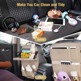 img 2 attached to 🚗 Tsumbay Car Backseat Organizer with Tablet Holder - 9 Storage Pockets PU Leather Foldable Table Tray Car Seat Back Protectors Kick Mats - Beige 1Pcs