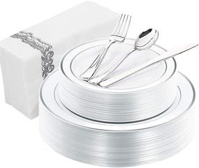 img 4 attached to 🍽️ WDF 150PCS Silver Rim Plastic Plates with Disposable Plastic Silverware & Hand Napkins, Plastic Tableware with 25 Dinner Plates, 25 Salad Plates, 25 Forks, 25 Knives, 25 Spoons, and 25 Disposable Napkins