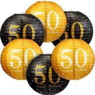 🎉 blulu 6-piece 50th birthday party supplies: happy 50th birthday hanging paper lanterns in black and gold glittery design for men and women, perfect 50th anniversary decoration логотип