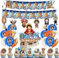 🎉 one piece birthday party supplies: complete anime theme set with happy birthday banner, cake & cupcake toppers, latex balloons, spiral decorations логотип