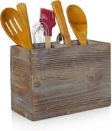 🍴 besti rustic kitchen utensil holder - torched wood organizer for cutlery, napkins, cups & more - large vintage countertop caddy box with 2 compartments - size: 7 x 9.5 x 4.7" inch логотип