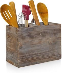 img 4 attached to 🍴 Besti Rustic Kitchen Utensil Holder - Torched Wood Organizer for Cutlery, Napkins, Cups & More - Large Vintage Countertop Caddy Box with 2 Compartments - Size: 7 x 9.5 x 4.7" Inch