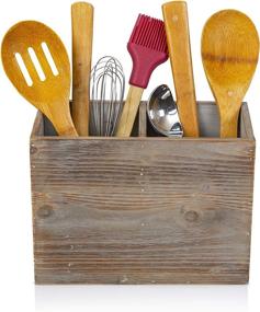 img 1 attached to 🍴 Besti Rustic Kitchen Utensil Holder - Torched Wood Organizer for Cutlery, Napkins, Cups & More - Large Vintage Countertop Caddy Box with 2 Compartments - Size: 7 x 9.5 x 4.7" Inch