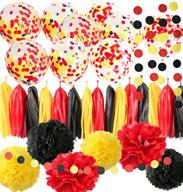 optimized search: mickey mouse birthday decorations, party supplies in yellow, black, and red - includes confetti balloons, fire truck birthday banner, minnie mouse party decorations, and mickey garland banner logo