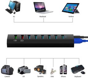 img 2 attached to RAOYI 8-Port USB Hub 3.0 Powered, 6 Port USB 3.0 Data Hub with 12V Power Adapter, 3.3ft USB Cable for MacBook, Mouse, Laptop, PC, USB Flash Drives, HDD Hard Drive (Black)