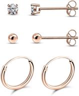 💎 set of 3 pairs rose flash sterling silver 10mm endless hoops with 2mm cz and ball stud unisex cartilage earrings logo