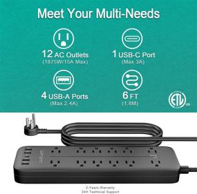 img 3 attached to 🔌 WILLNORN 12-Outlet Power Strip Surge Protector (4360 Joules) with Fast Charging USB A & Type-C Ports, Wall Mountable, 1875W/15A, 6 Feet, ETL Listed (Black)