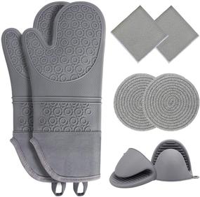 img 4 attached to 🧤 Комплект кухонных рукавиц и прихваток Qevooon серого цвета: длинные силиконовые кухонные рукавицы с кухонными полотенцами, горячими ковриками и мини-перчатками для печки, термостойкость до 500°F для кухни, выпечки, приготовления пищи и гриля.