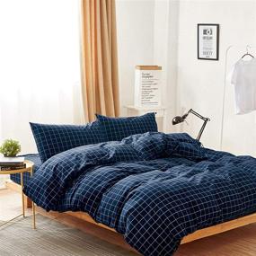img 4 attached to 🛏️ Wake In Cloud Navy Grid Duvet Cover Set: 100% Washed Cotton Bedding with Geometric Pattern – Twin Size, Navy Blue with White Grid Print – Zipper Closure (3pcs)
