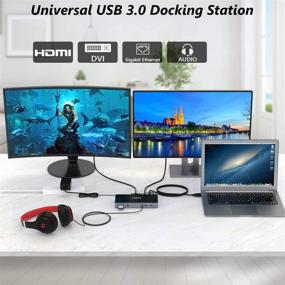 img 1 attached to UOEOS USB 3.0 Universal Docking Station: Dual Monitor Support for Windows, Chrome OS, Mac OS - HDMI, DVI, Gigabit Ethernet, SD TF Card Reader, Audio & Mic, Laptop Docking Station