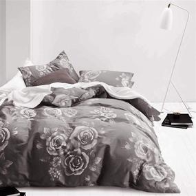 img 3 attached to Пробуждение в облаке - Королевский постельный комплект из серого цвета с цветочным узором, 100% хлопковое белье, белые розы, изображенные на темно-сером, застежка на молнию (3 шт.)