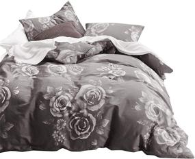 img 4 attached to Wake In Cloud - Gray Floral King Size Duvet Cover Set, 100% Cotton Bedding, White Rose Flowers Pattern Printed on Dark Grey, Zipper Closure (3pcs)