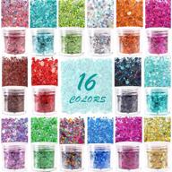 ✨ holographic chunky glitter sequins 16 colors mixed cosmetic glitter: face body eye hair nail art lip gloss, festival glitter makeup. varying hexagon sizes and star shapes logo