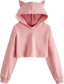 img 4 attached to 🐱 Cute Cat Ear Long Sleeve Crop Top Hoodie Sweatshirt for Girls - Casual Plain Shirt