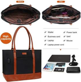 img 3 attached to 💼 Stylish Laptop Tote Bag for Women: USB, Waterproof Leather, Fits 15.6 Inch Laptop (Black Brown)