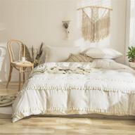 boho chic cream queen bedding set with tassel fringe - white tufted duvet cover and pillowcases - 3 piece set logo