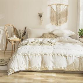 img 4 attached to Boho Chic Cream Queen Bedding Set with Tassel Fringe - White Tufted Duvet Cover and Pillowcases - 3 Piece Set