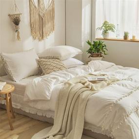 img 1 attached to Boho Chic Cream Queen Bedding Set with Tassel Fringe - White Tufted Duvet Cover and Pillowcases - 3 Piece Set