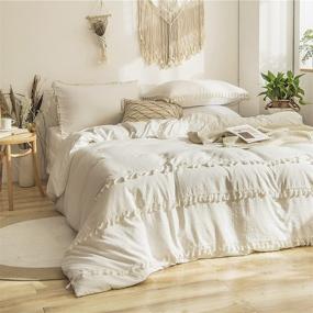 img 2 attached to Boho Chic Cream Queen Bedding Set with Tassel Fringe - White Tufted Duvet Cover and Pillowcases - 3 Piece Set