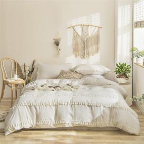 img 3 attached to Boho Chic Cream Queen Bedding Set with Tassel Fringe - White Tufted Duvet Cover and Pillowcases - 3 Piece Set