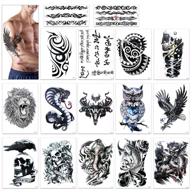 🦁 konsait extra fake temporary tattoo for guys: lion, dead skull, koi fish, eagle hawks - black body stickers for men logo