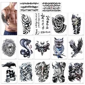img 4 attached to 🦁 Konsait Extra Fake Temporary Tattoo for Guys: Lion, Dead Skull, Koi Fish, Eagle Hawks - Black Body Stickers for Men